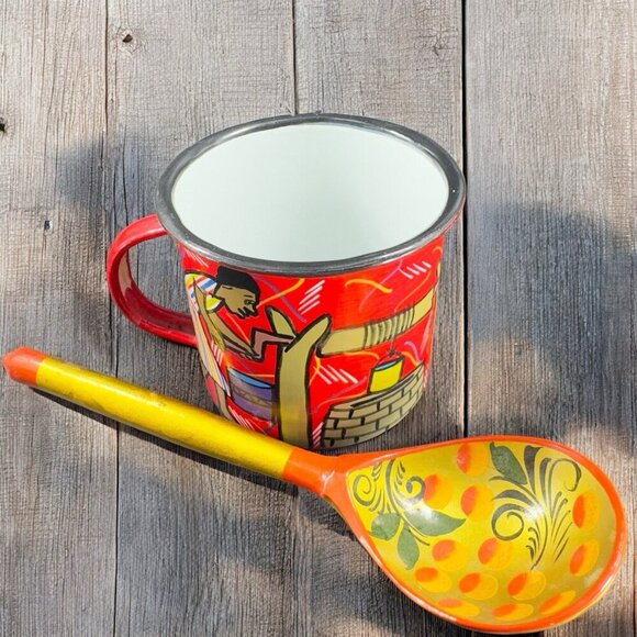 Zimbabwe Hand Painted Metal Coffee Mug Cup With Large Spoon Hand Made Set VTG - Picture 1 of 13